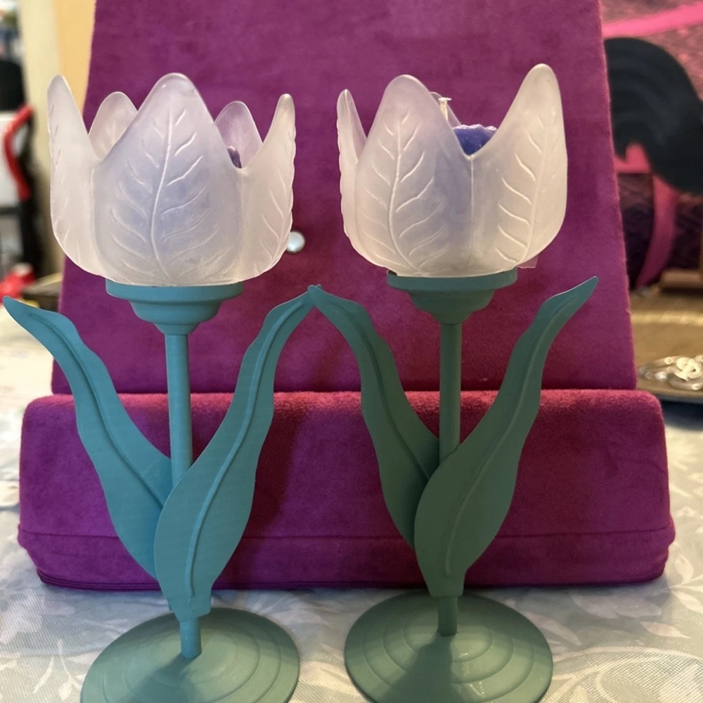 Frosted Tulip Candle Holders with Green Stems